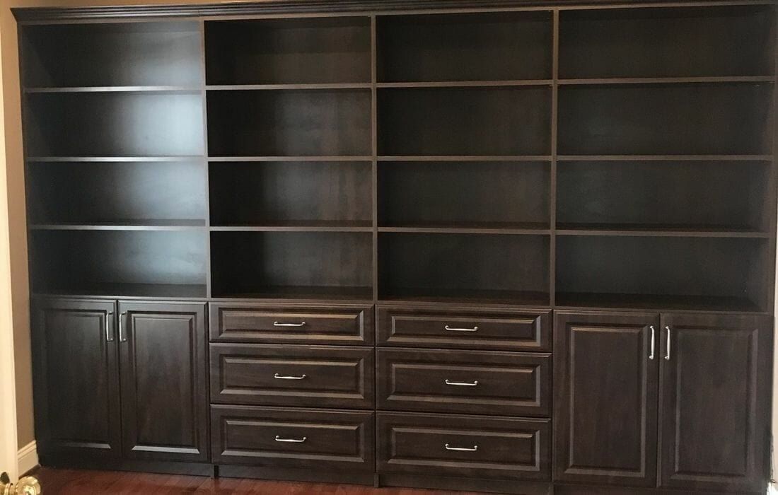 Espresso bookcase wall with drawers and cabinets